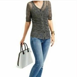 CAbi Black Pebble Print Sheer Ruched Blouse